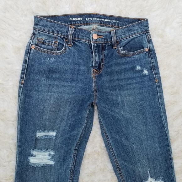 Distressed Boyfriend Straight Jeans Old Navy Size 0 Crop Dark Stretch Denim - Picture 2 of 8